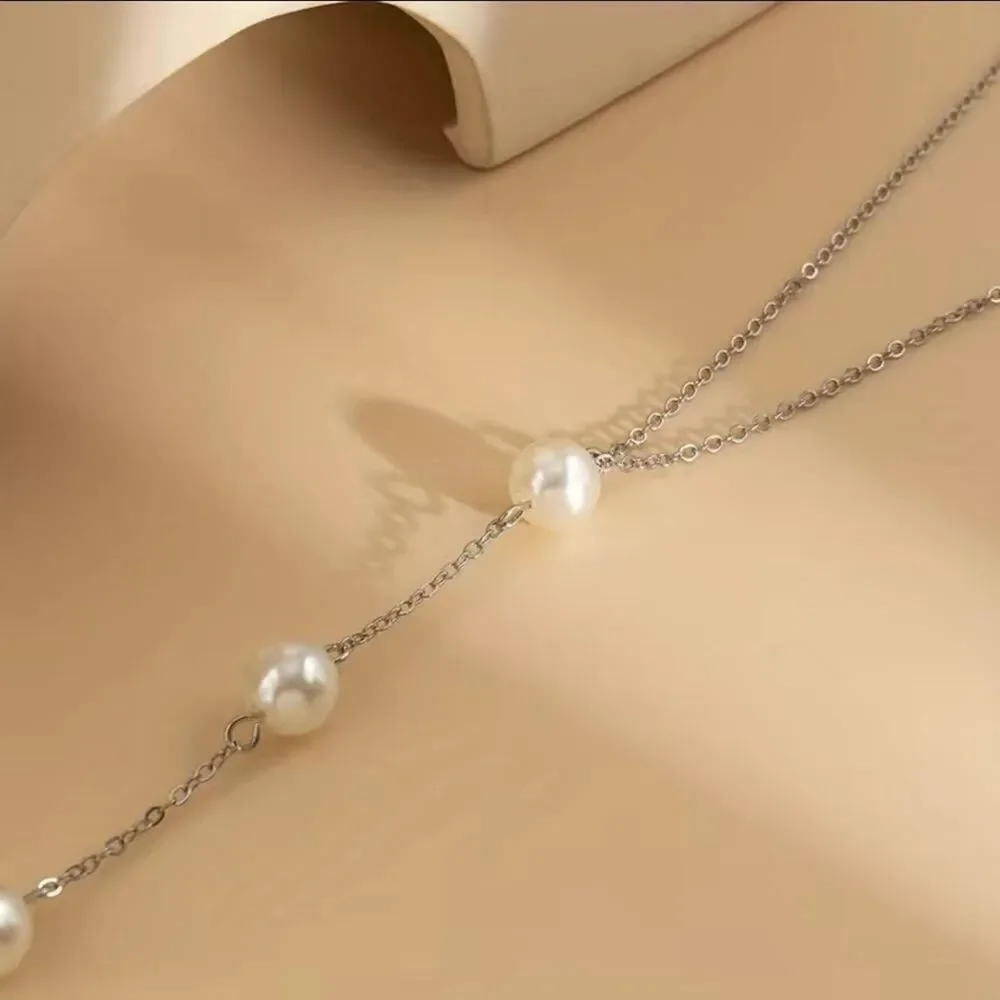 Pearl Y Shaped Necklace Long Pendant Dainty Pearl Drop Silvery or Golden Chain - Picture 6 of 13